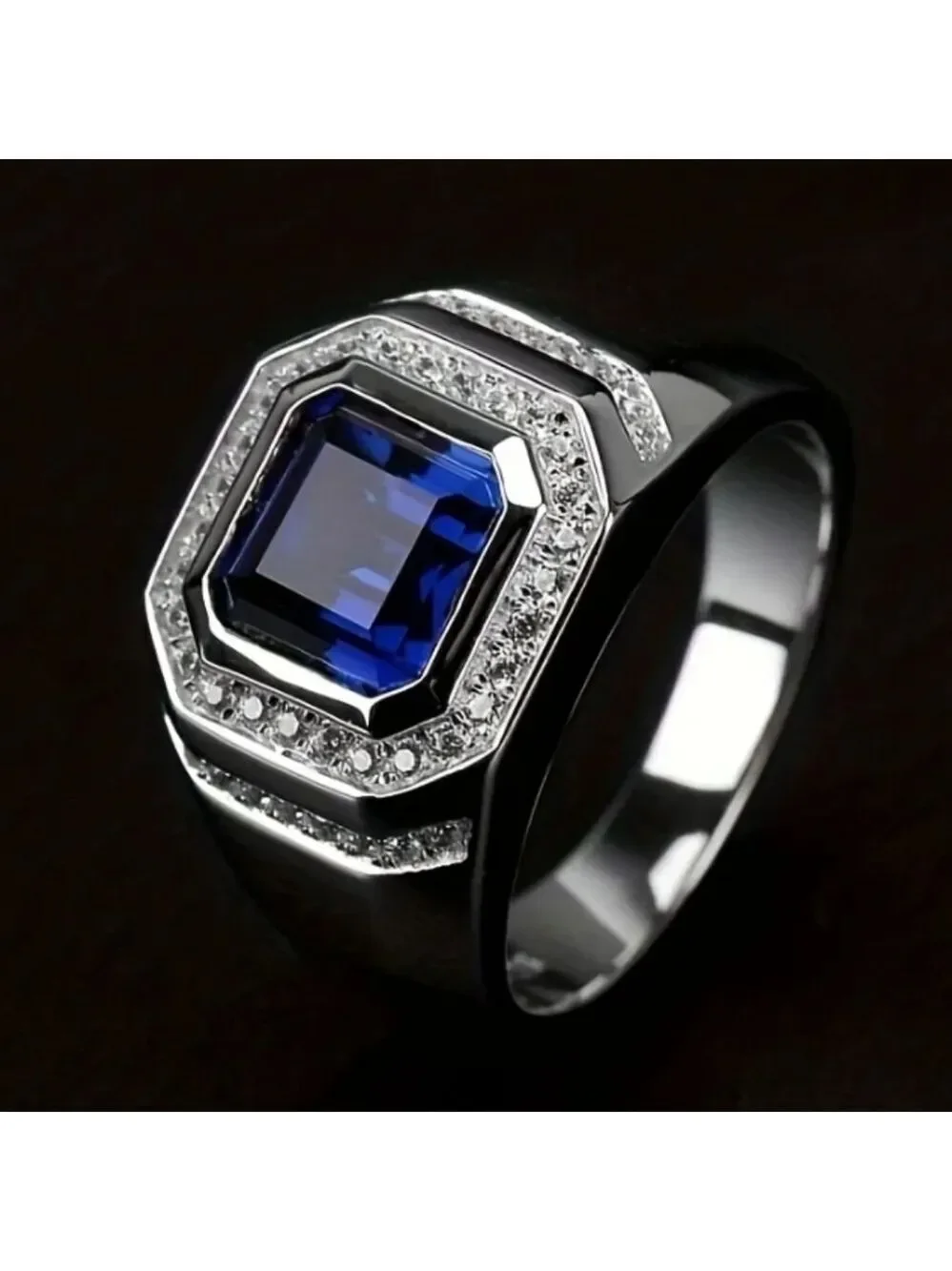 Stainless Steel Blue Gemstone Crystal Ring Men's